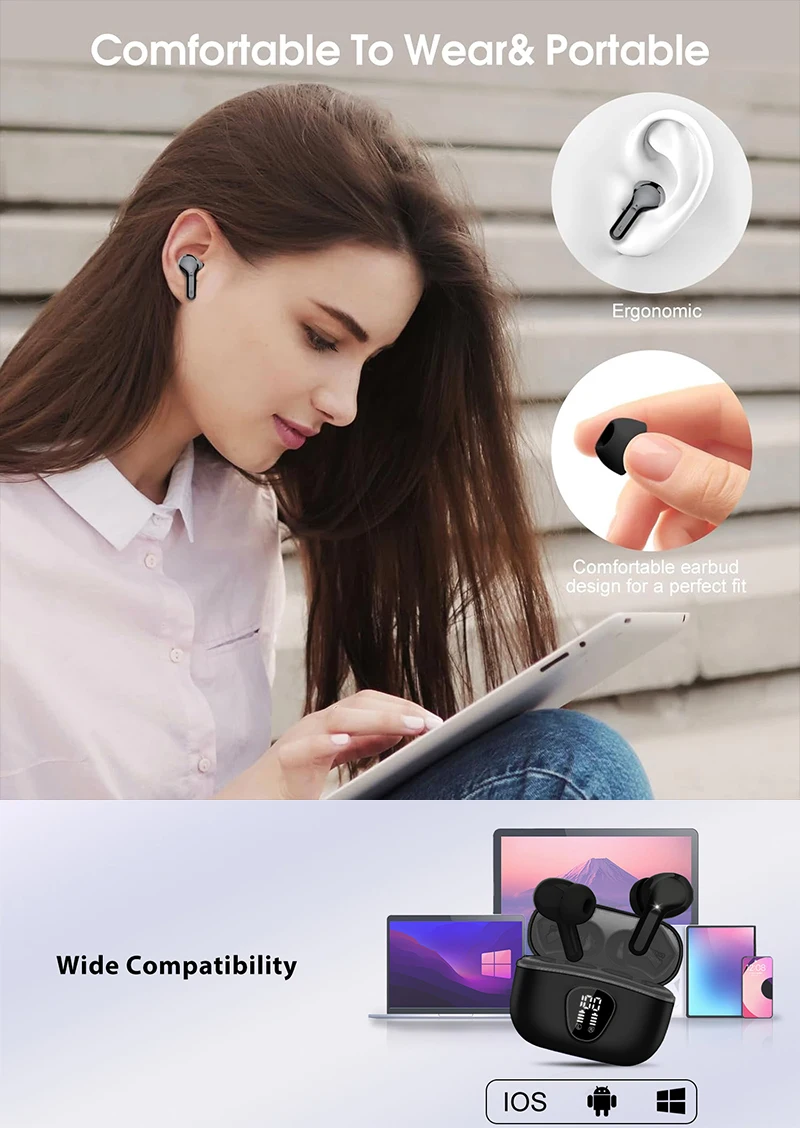 Wireless Earbuds BT5.3 Headphones HiFi Stereo EarBuds with ENC Noise Cancelling Mic 48H LED Display IP7 Waterproof Earphones Wireless Earbuds BT5.3 Headphones HiFi Stereo EarBuds with ENC Noise Cancelling Mic 48H LED Display IP7 Waterproof Earphones