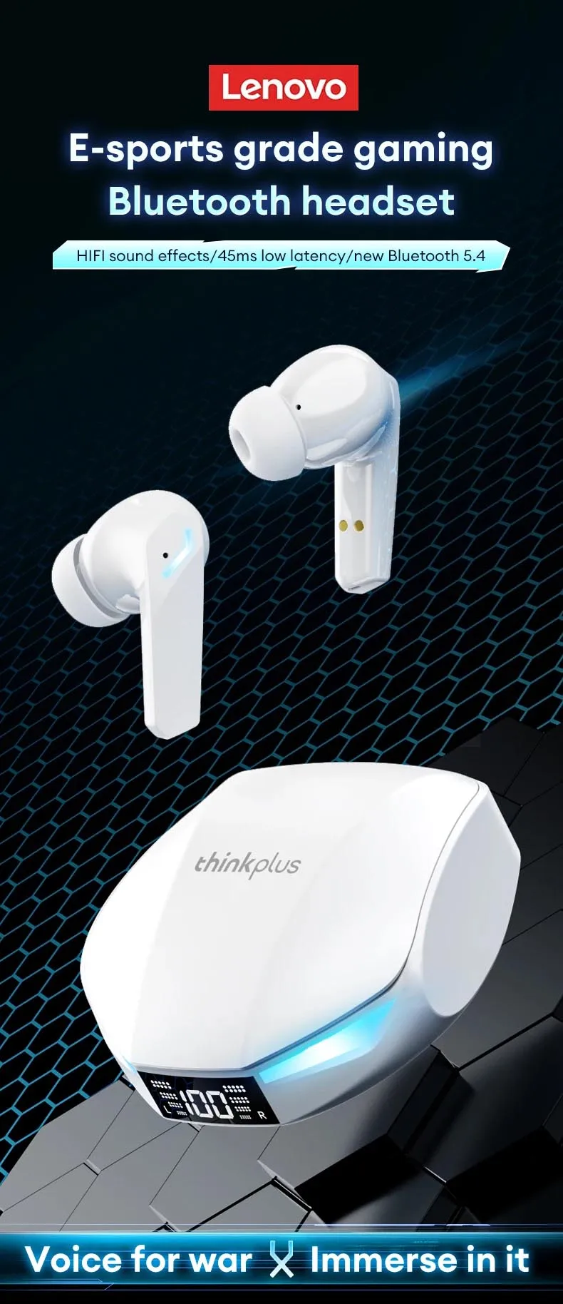New Lenovo XT53 Wireless Upgrade Bluetooth 5.4 Earphones LED Digital Display Waterproof Headphones Low Latency Gaming Earbuds