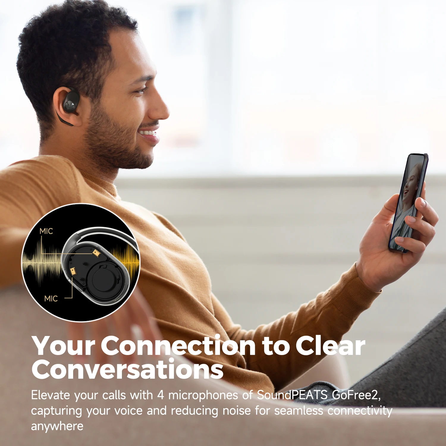 SoundPEATS GoFree2 Open-Ear Headphones with Stable Comfort & Hi-Res Sound, Bluetooth 5.3 Earbuds with Bass Boost & Total 35H