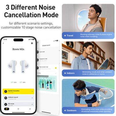 Baseus Bowie M2s ANC Earphone Bluetooth 5.3 Hybrid -48dB Noise Cancellation Wireless Headphone Support 3D Spatial Audio Earbuds - Image 4