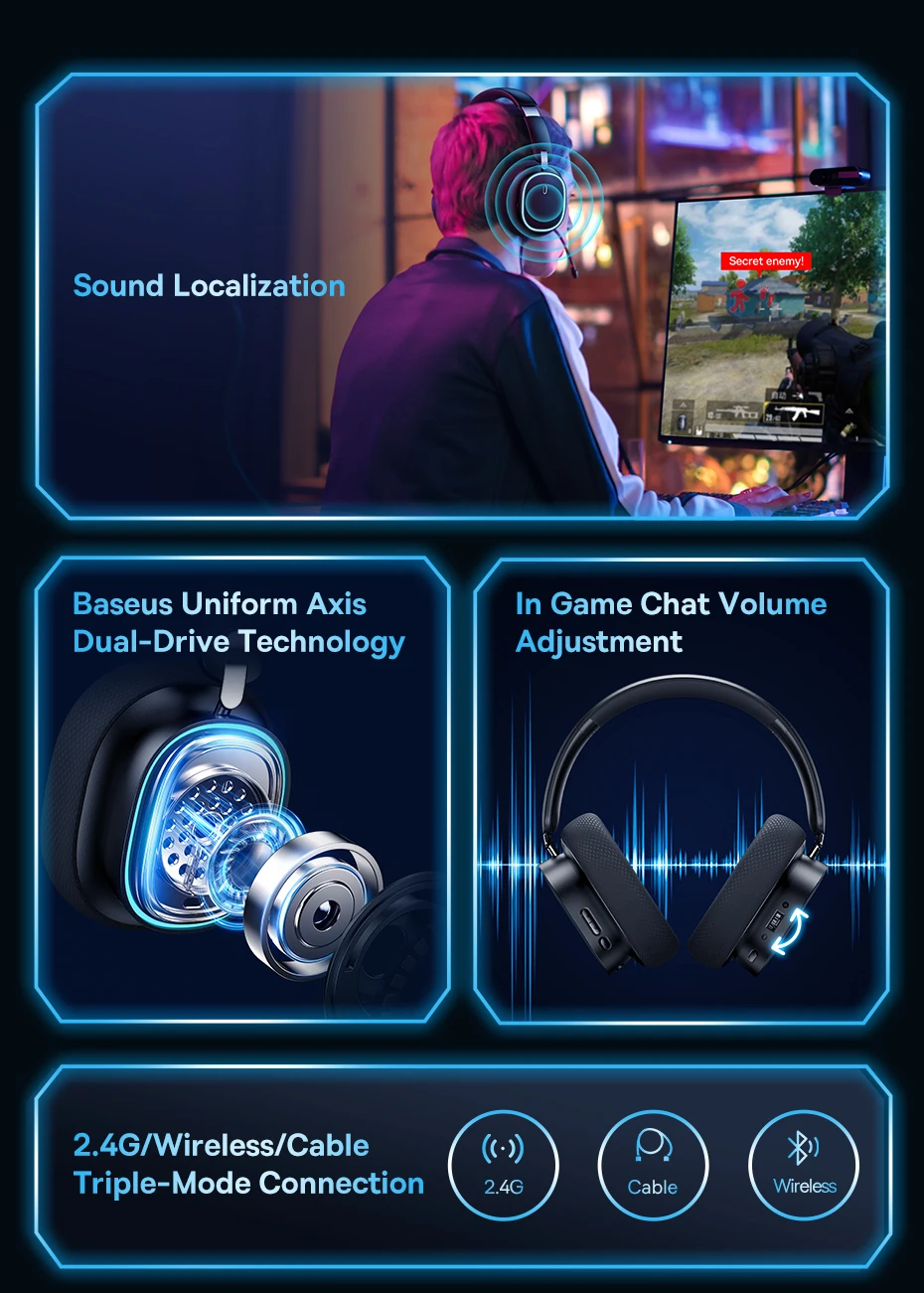 Baseus GH02 Gaming Wireless Headphone with Mic Over-Ear Headphones Bluetooth 5.3 40mm Driver 2.4G/Wireless/Cable RGB Headsets Baseus GH02 Gaming Wireless Headphone with Mic Over-Ear Headphones Bluetooth 5.3 40mm Driver 2.4G/Wireless/Cable RGB Headsets