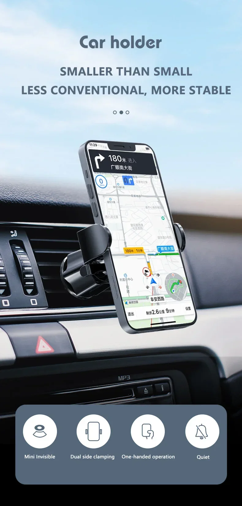 Car Phone Holder Air Vent Clip Mount Mobile Cell iPhone GPS Stand Cradle Suitable for 4.0-6.9 inch Cellphone Auto Accessories