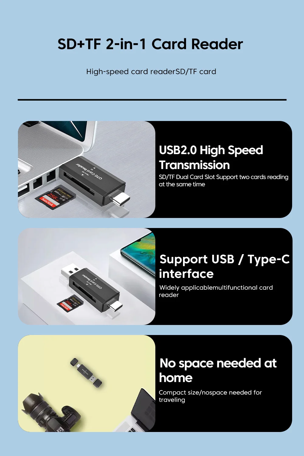 Type C SD TF Card Reader 2 in 1 USB 2.0 Card Reader for PC Laptop Accessories High Speed Smart Memory Cardreader SD Card Adapter