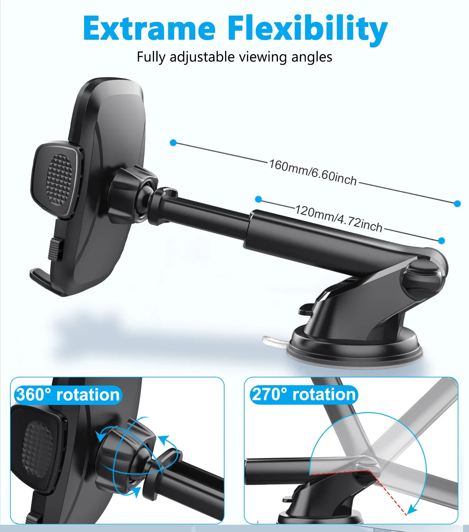 Car Phone Holder for Dashboard Windshield Cellphone Mount Clip Support Stand for 4.7-7