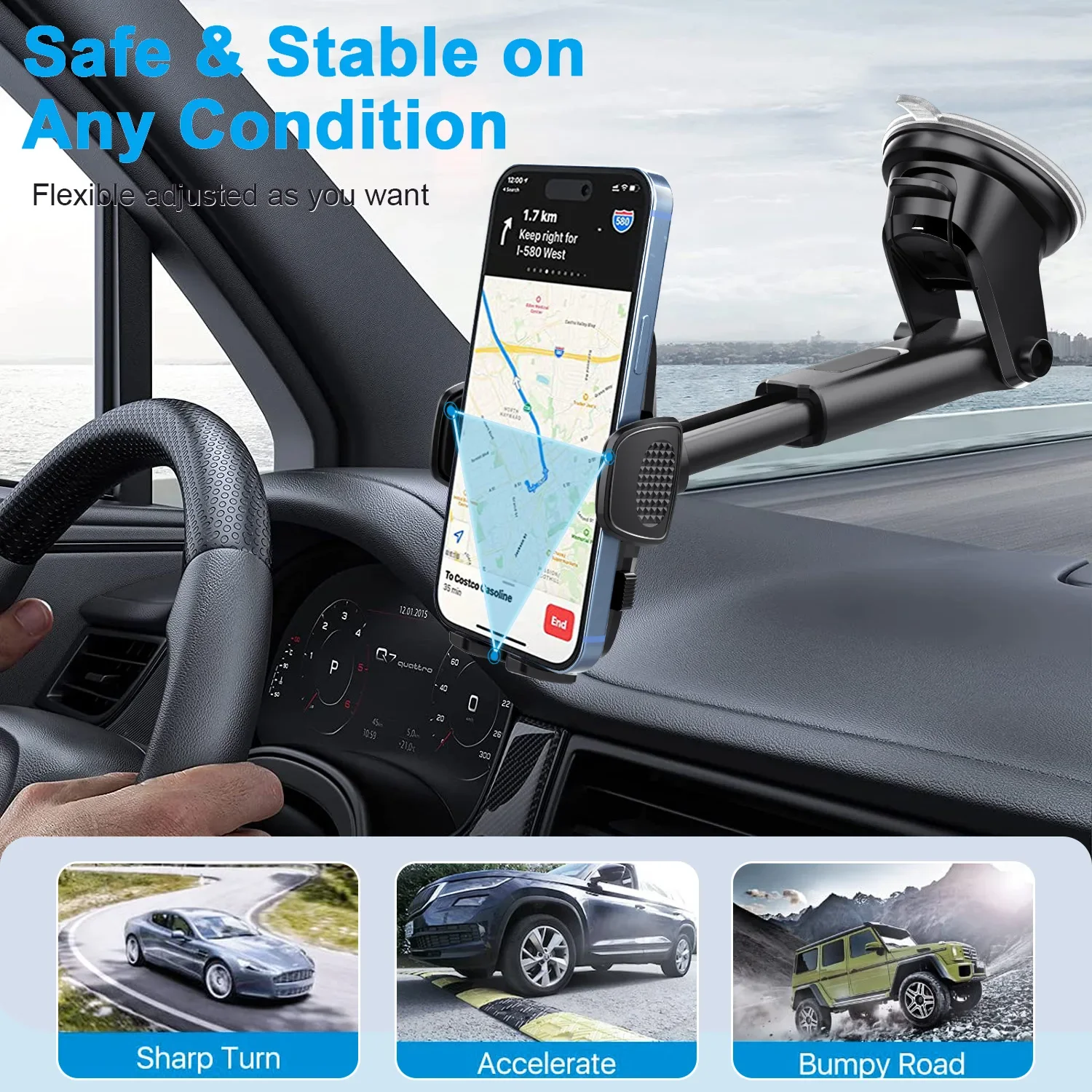 Car Phone Holder for Dashboard Windshield Cellphone Mount Clip Support Stand for 4.7-7