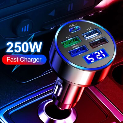 250W LED Car Charger 5 Ports Fast Charge PD QC3.0 USB C Car Phone Charger Type C Adapter in Car For iphone Samsung Huawei Xiaomi - Image 2