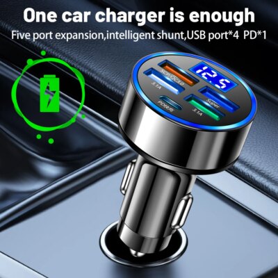 250W LED Car Charger 5 Ports Fast Charge PD QC3.0 USB C Car Phone Charger Type C Adapter in Car For iphone Samsung Huawei Xiaomi - Image 3