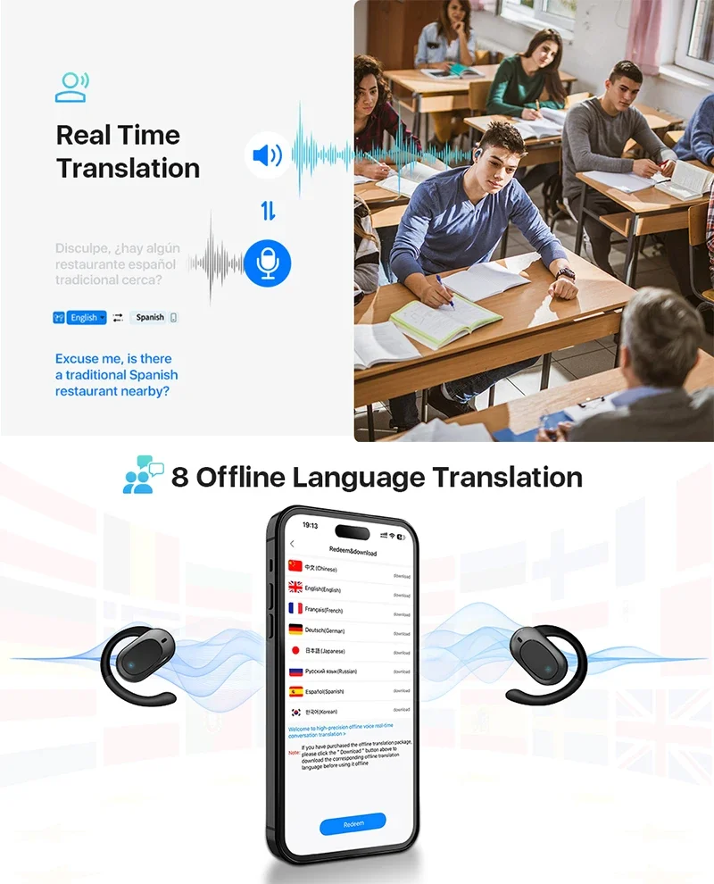 AI Language Translator Earbuds 3 in 1 Accents Translator Earphone Real Time 144 Languages Accents for Travel Business Hebrew AI Language Translator Earbuds 3 in 1 Accents Translator Earphone Real Time 144 Languages Accents for Travel Business Hebrew