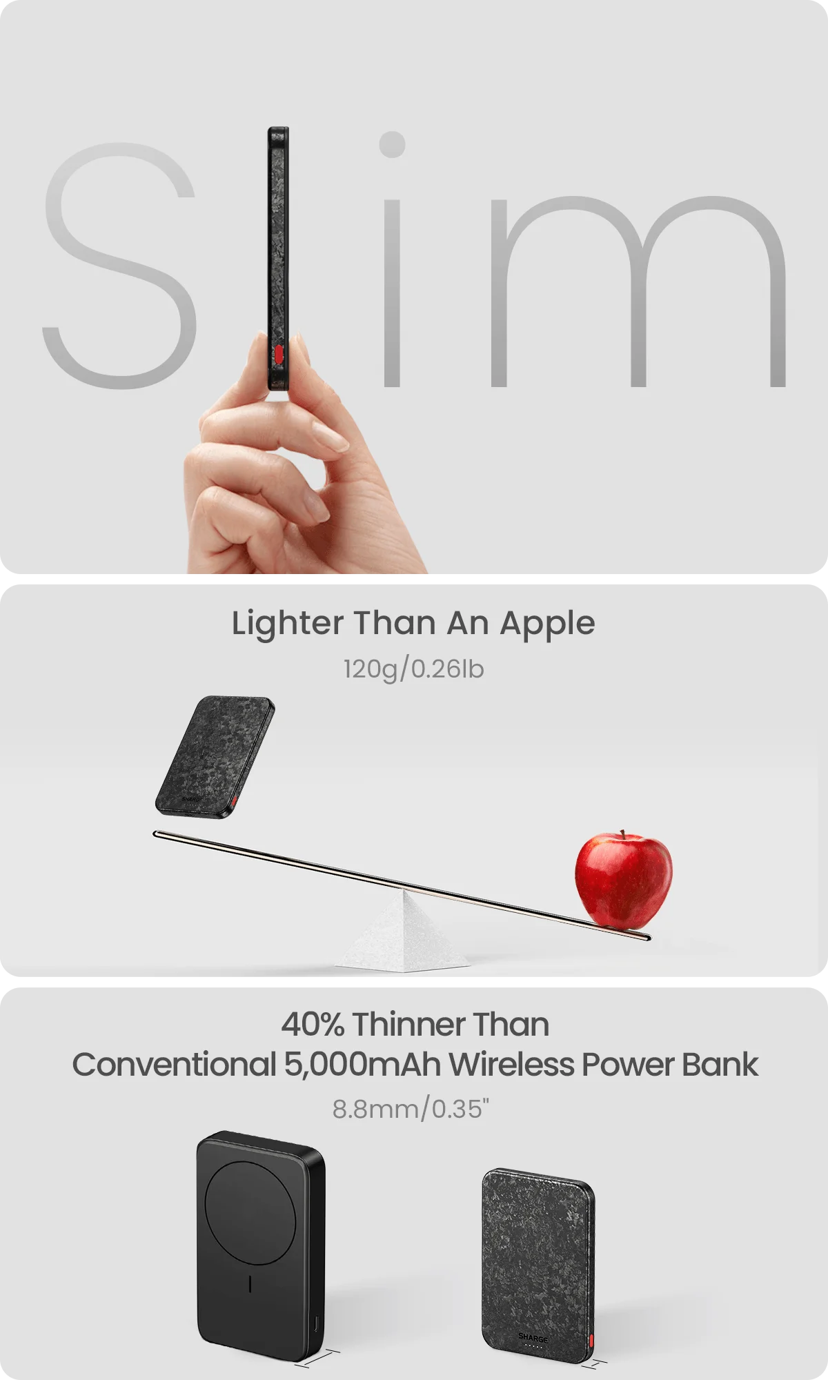 SHARGE CarbonMag Magsafe Power Bank Slim Magnetic Portable Charger 5000mAh Carbon Fiber PD 20W Fast Charging for iPhone 16 Pro