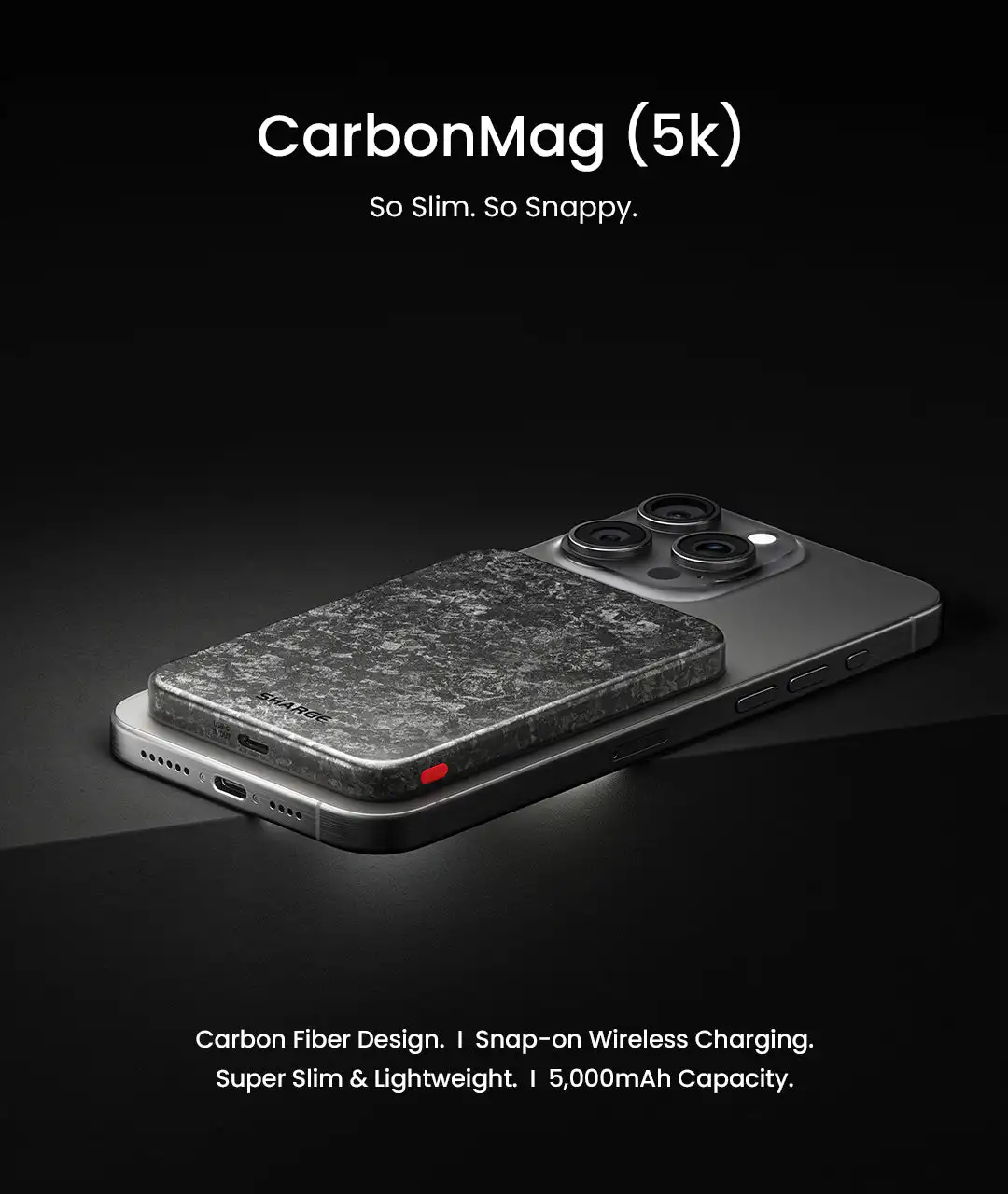 SHARGE CarbonMag Magsafe Power Bank Slim Magnetic Portable Charger 5000mAh Carbon Fiber PD 20W Fast Charging for iPhone 16 Pro