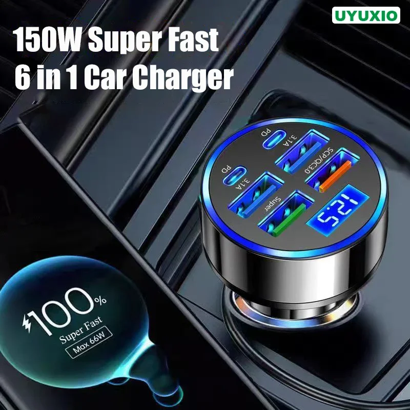 UYUXIO 6 in 1 USB C Car Phone Charger Adapter with Voltage Display Dual PD Super Fast for iPhone 15 Pro max OPPO Samsung Huawei UYUXIO 6 in 1 USB C Car Phone Charger Adapter with Voltage Display Dual PD Super Fast for iPhone 15 Pro max OPPO Samsung Huawei