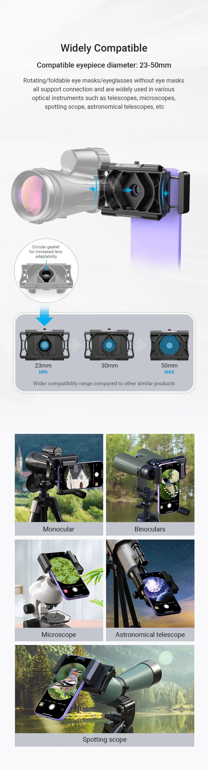 APEXEL New Updated Telescope Phone Adapter 360° Rotation Shooting Binoculars Connector Bracket Clamp for Mobile Phone holder APEXEL New Updated Telescope Phone Adapter 360° Rotation Shooting Binoculars Connector Bracket Clamp for Mobile Phone holder