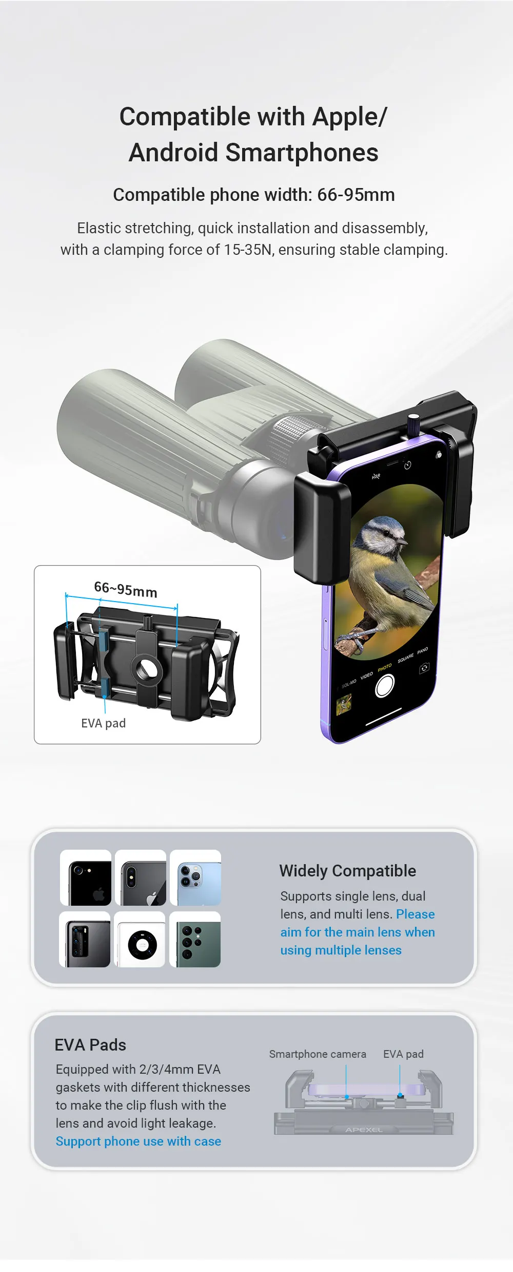 APEXEL New Updated Telescope Phone Adapter 360° Rotation Shooting Binoculars Connector Bracket Clamp for Mobile Phone holder APEXEL New Updated Telescope Phone Adapter 360° Rotation Shooting Binoculars Connector Bracket Clamp for Mobile Phone holder