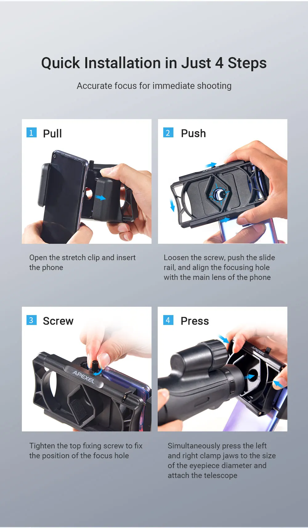 APEXEL New Updated Telescope Phone Adapter 360° Rotation Shooting Binoculars Connector Bracket Clamp for Mobile Phone holder APEXEL New Updated Telescope Phone Adapter 360° Rotation Shooting Binoculars Connector Bracket Clamp for Mobile Phone holder