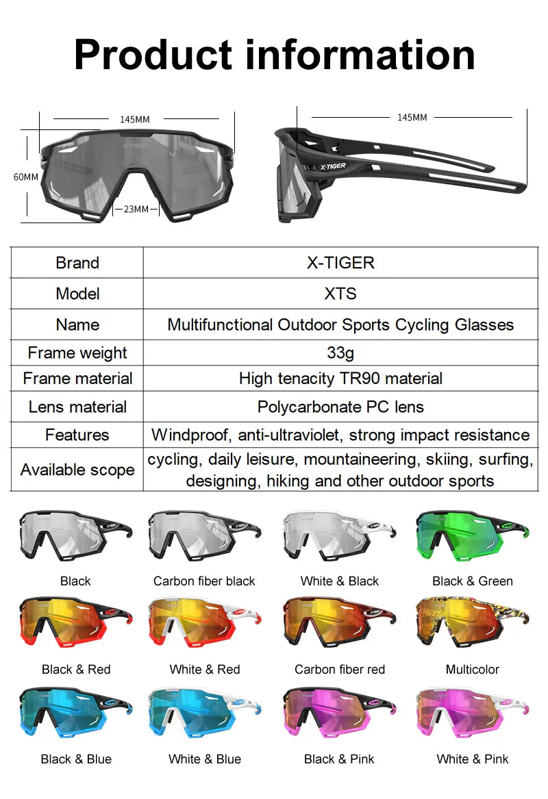 X-TIGER Cycling Glasses Photochromic Sports Sunglasses UV400 Anti Glare Lightweight Bicycle Glasses Men's Women Cycling Eyewear