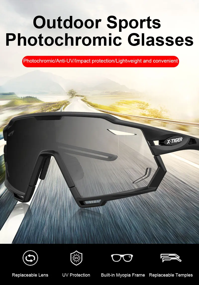 X-TIGER Cycling Glasses Photochromic Sports Sunglasses UV400 Anti Glare Lightweight Bicycle Glasses Men's Women Cycling Eyewear