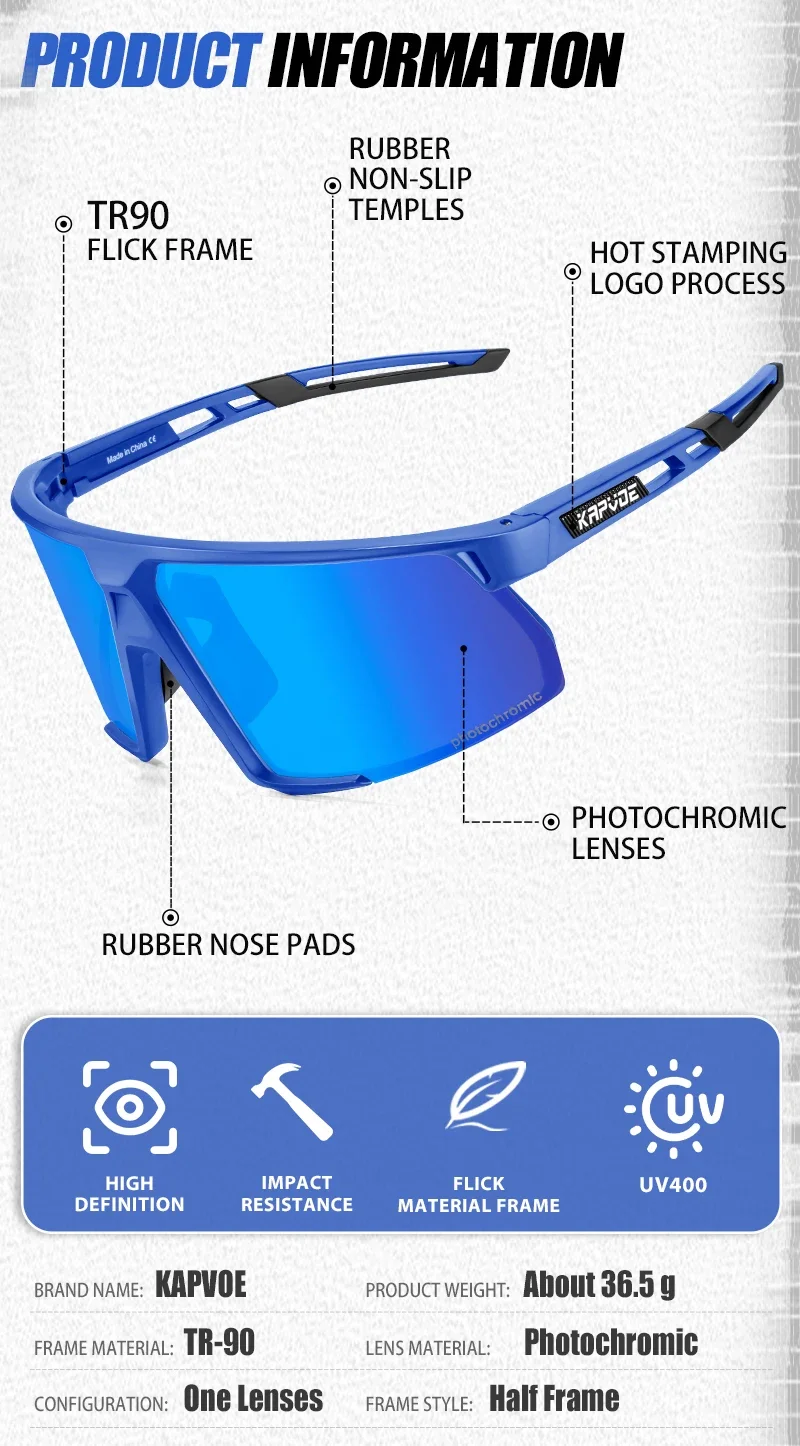 Kapvoe Golden Photochromic Cycling Sunglasses UV400 Bicycle MTB Goggles Road Bike Sunglasses Outdoor Sports Eyewear Equipment