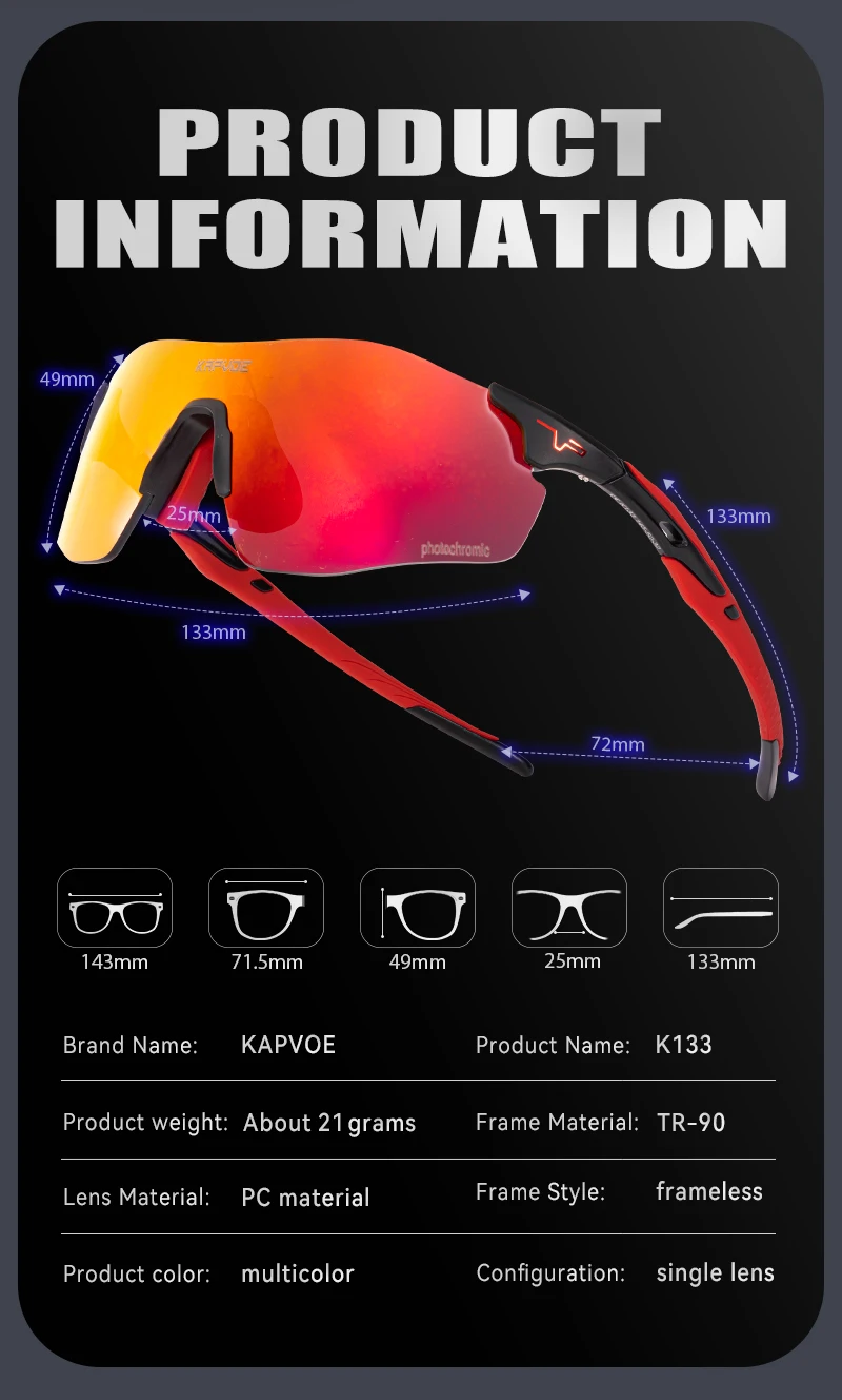 KAPVOE Red Photochromic Cycling Glasses Men MTB Cycling Sunglasses Bike Bicycle Glasses Men's UV400 Outdoor Running Goggles