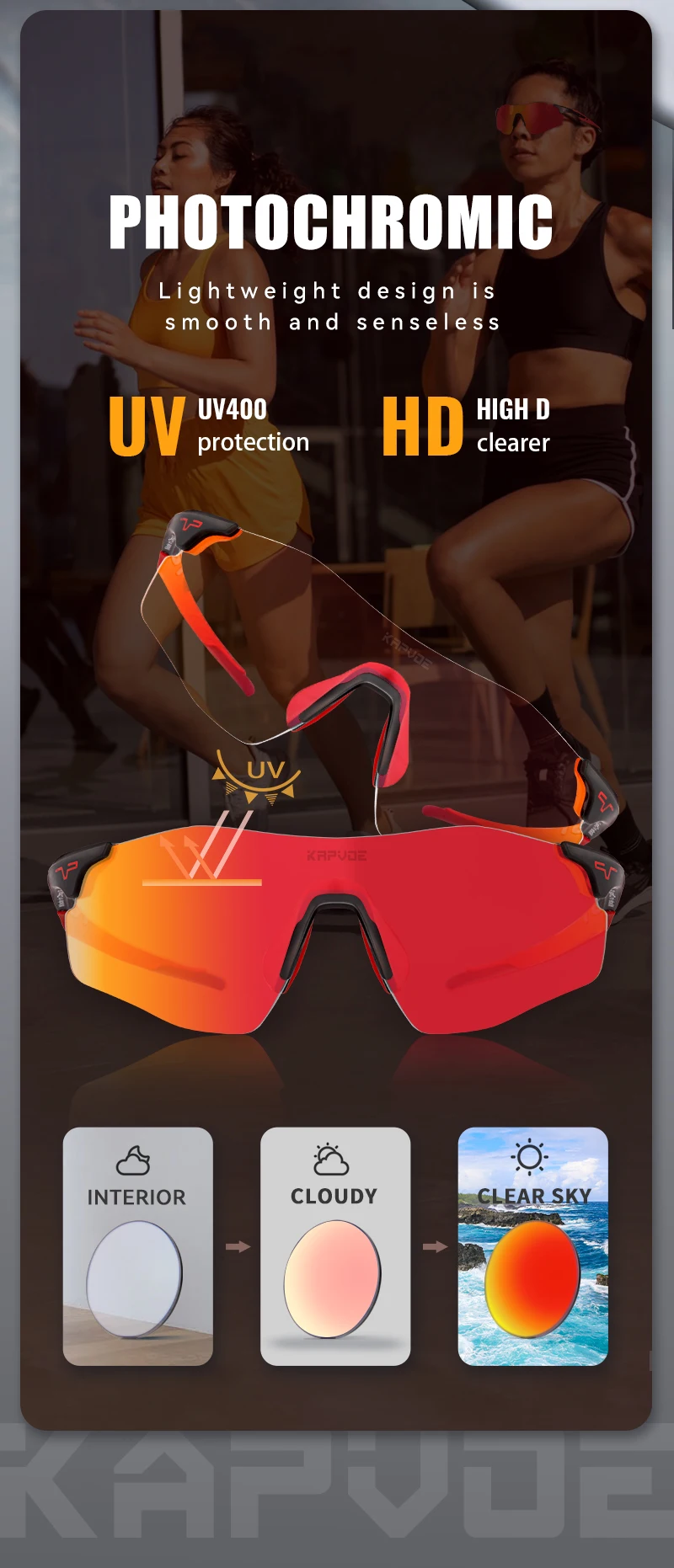 KAPVOE Red Photochromic Cycling Glasses Men MTB Cycling Sunglasses Bike Bicycle Glasses Men's UV400 Outdoor Running Goggles