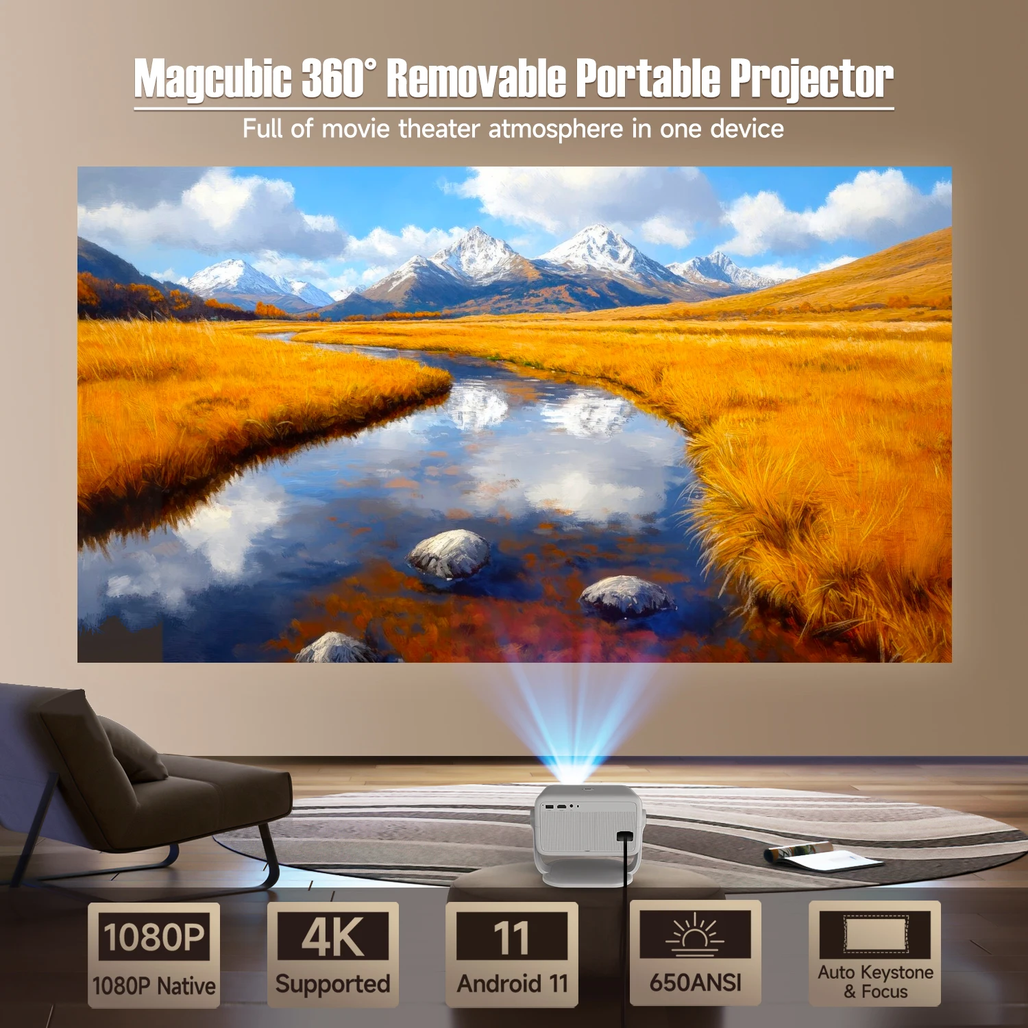 Magcubic Native 1080P 650ANSI 4K Android 11 L018 360° Projector With Auto Keystone Focus Air Mouse Wifi6 BT5.2 Portable Outdoor Magcubic Native 1080P 650ANSI 4K Android 11 L018 360° Projector With Auto Keystone Focus Air Mouse Wifi6 BT5.2 Portable Outdoor