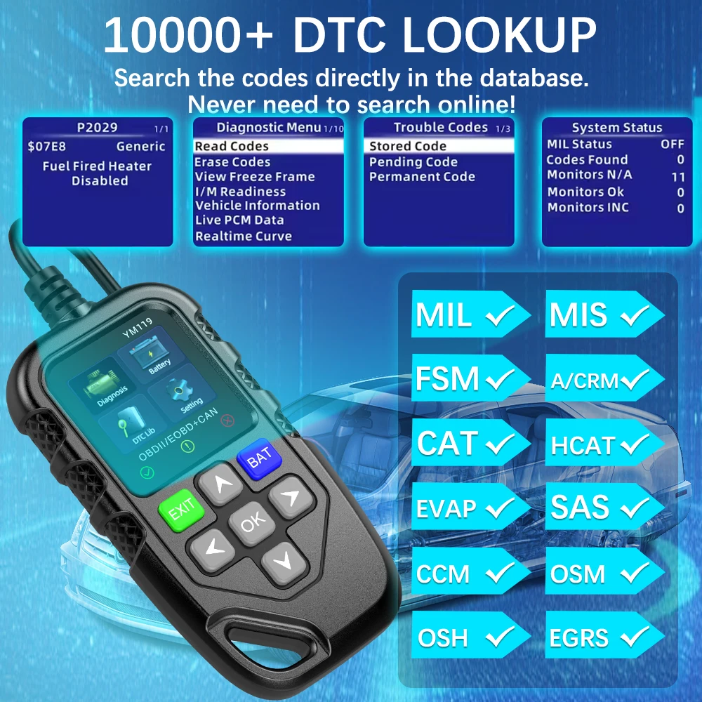 OBD2 Code Reader YM119 Work for all cars Read Vehicle Information OBDII Scanner Car Auto Diagnostic Tool Multi-language