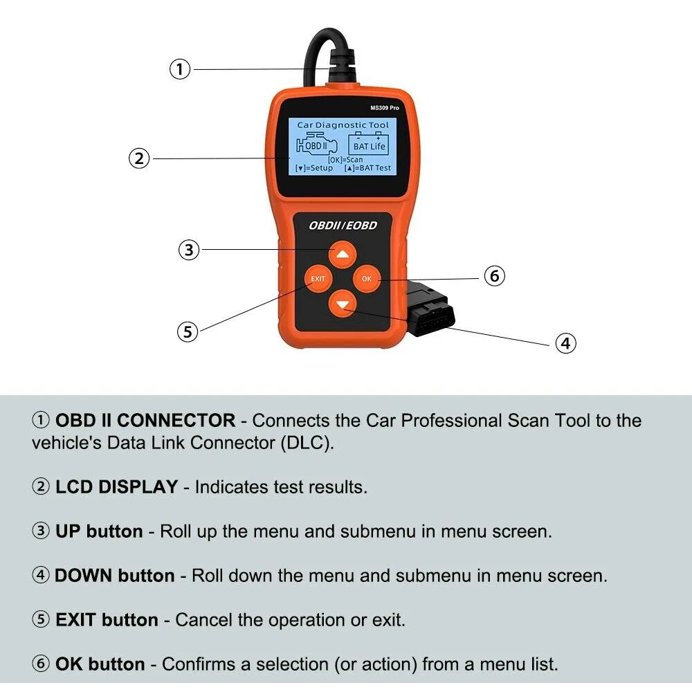 MS309 Pro OBD2 Scanner OBD Code Reader Auto Engine System Diagnostic Tools Battery Tester Clear Fault Codes