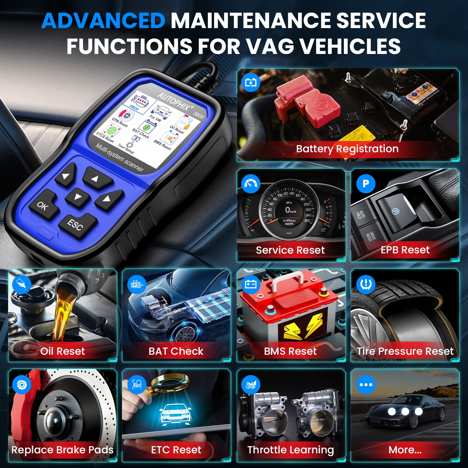 AUTOPHIX 5600 Full System Diagnostic Scan Tool OBD2 Scanner Code Reader Engine ABS SRS SAS BMS EPB TPMS Oil Reset Battery for VW