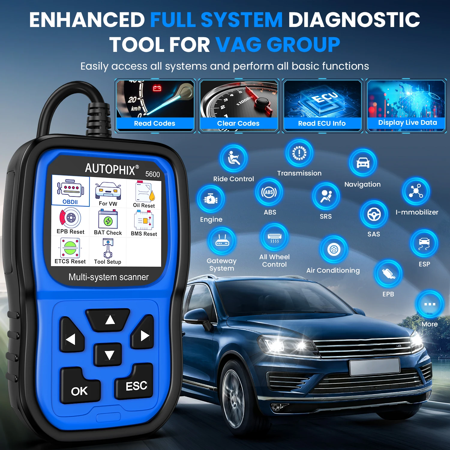 AUTOPHIX 5600 Full System Diagnostic Scan Tool OBD2 Scanner Code Reader Engine ABS SRS SAS BMS EPB TPMS Oil Reset Battery for VW