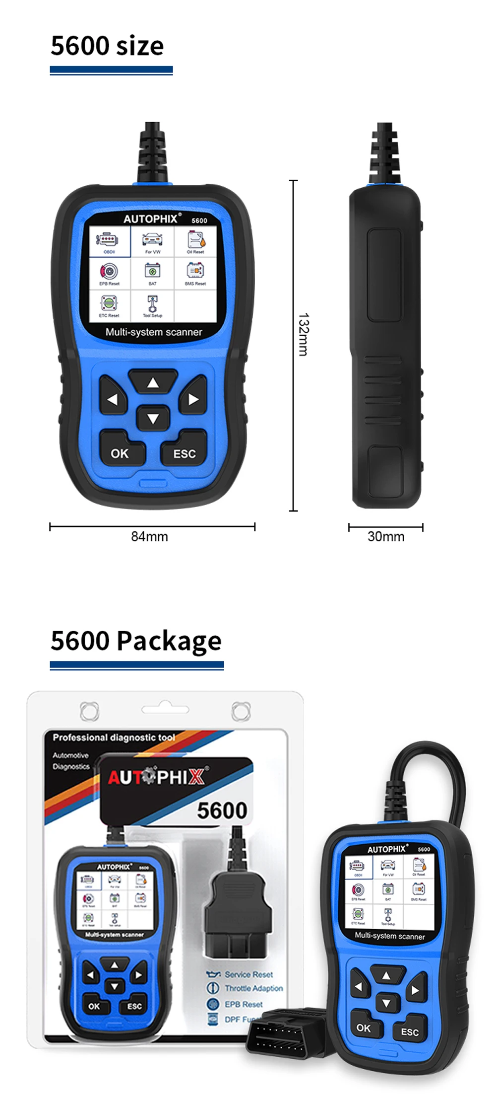 AUTOPHIX 5600 Full System Diagnostic Scan Tool OBD2 Scanner Code Reader Engine ABS SRS SAS BMS EPB TPMS Oil Reset Battery for VW