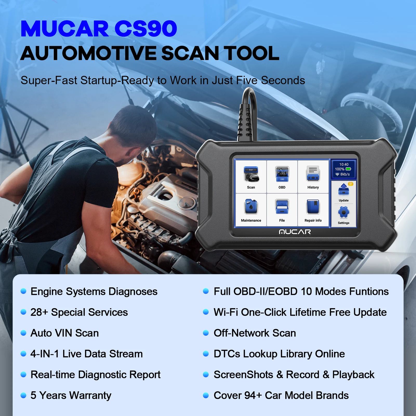 MUCAR CS90 OBD2 Scanner 28 Resets Services Lifetime Free Update Car Tools OBD II Diagnosis Engine Systems Diagnostic Tools