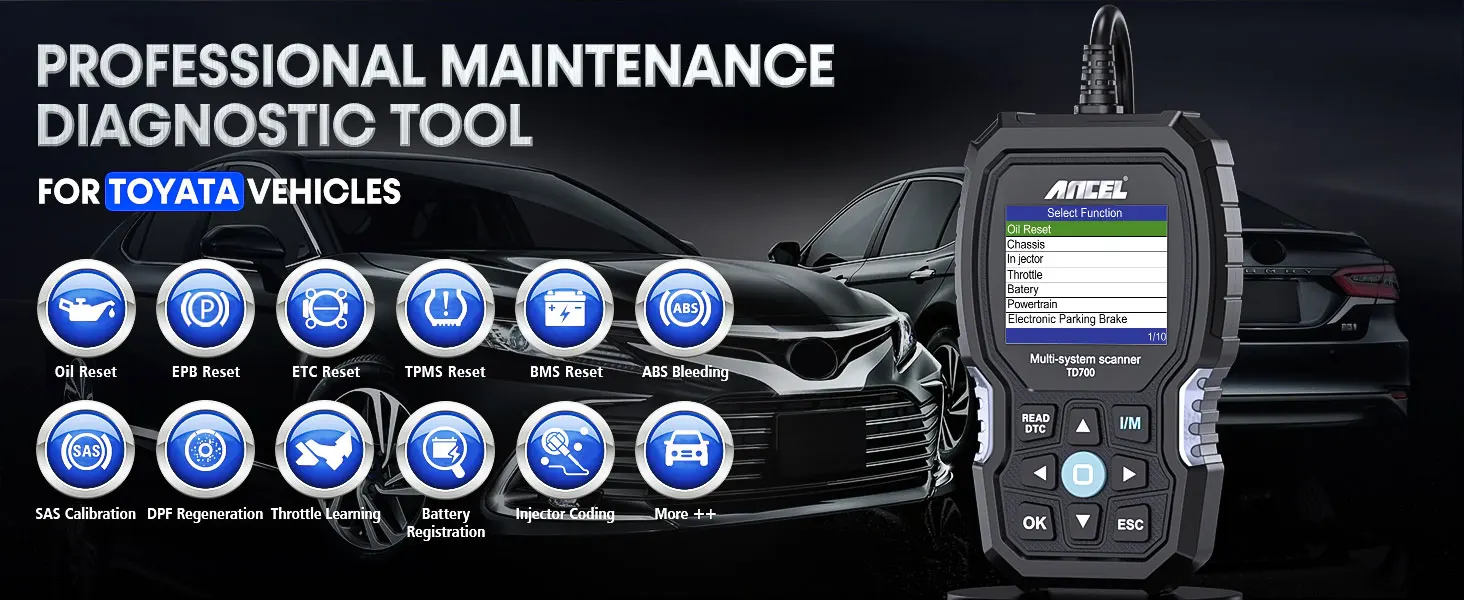 ANCEL TD700 OBD2 Scanner for Toyota/Lexus/Scion All System Transmission TPMS Relearn ABS Engine Car Diagnostic Scan Tool ANCEL TD700 OBD2 Scanner for Toyota/Lexus/Scion All System Transmission TPMS Relearn ABS Engine Car Diagnostic Scan Tool