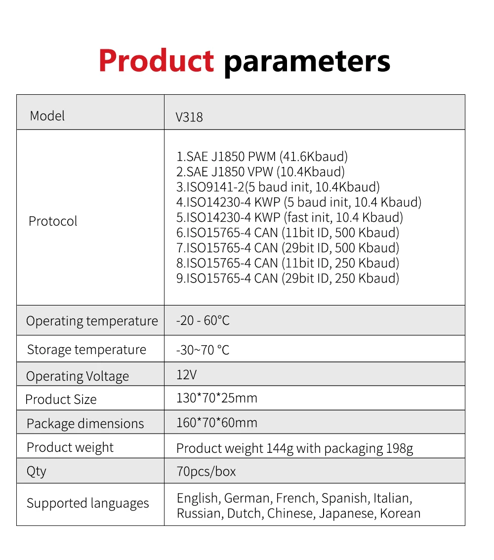 V318 Auto Diagnostic Tool Scanner Automobile Battery Tester OBD2 Automobile Clear Fault Detects Support Multiple Languages