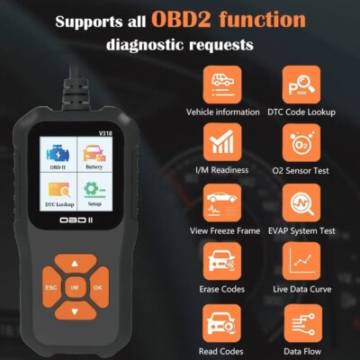 V318 Auto Diagnostic Tool Scanner Automobile Battery Tester OBD2 Automobile Clear Fault Detects Support Multiple Languages - Image 2