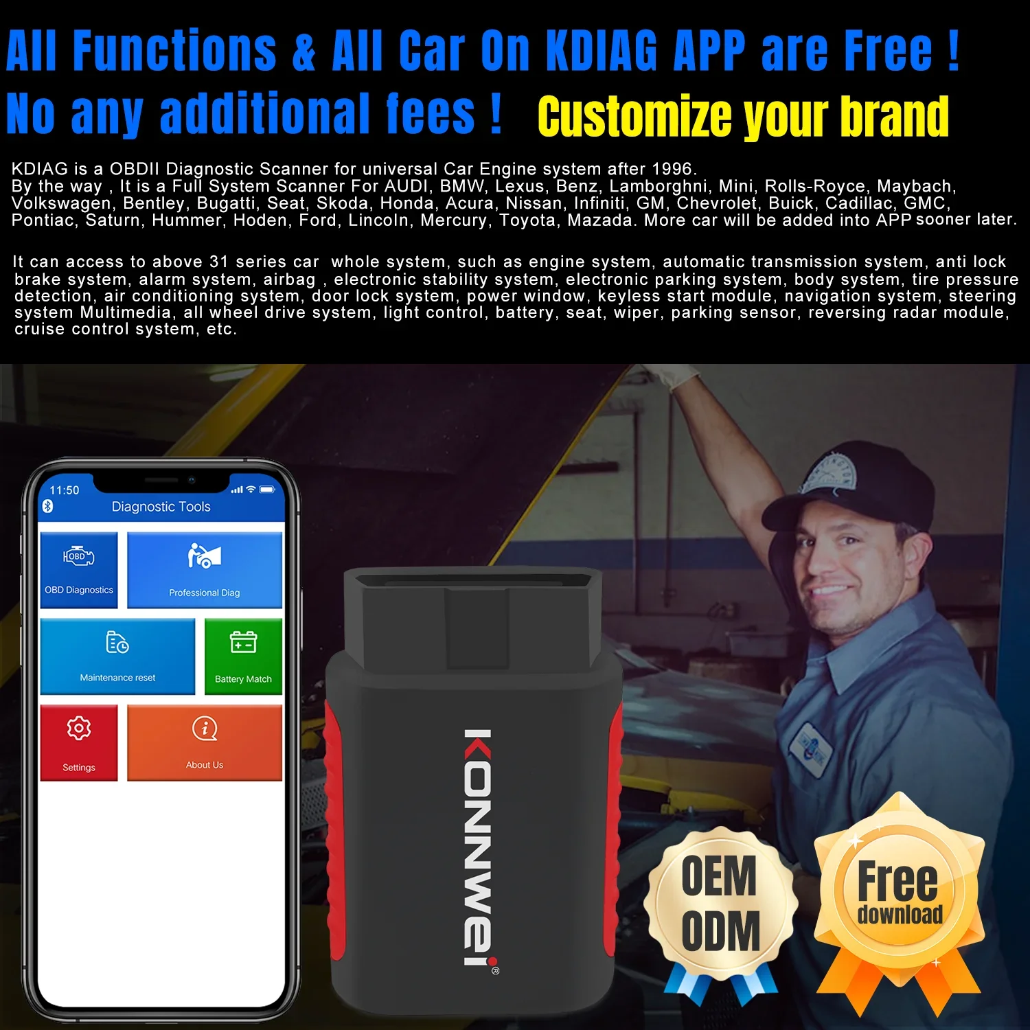 KONNWEI KDIAG 2023 MINI Full System Auto Scanner Reset SAS EPB Service ECU Programmer OBD OBD2 Car Diagnostic Tool pk Thinkdiag