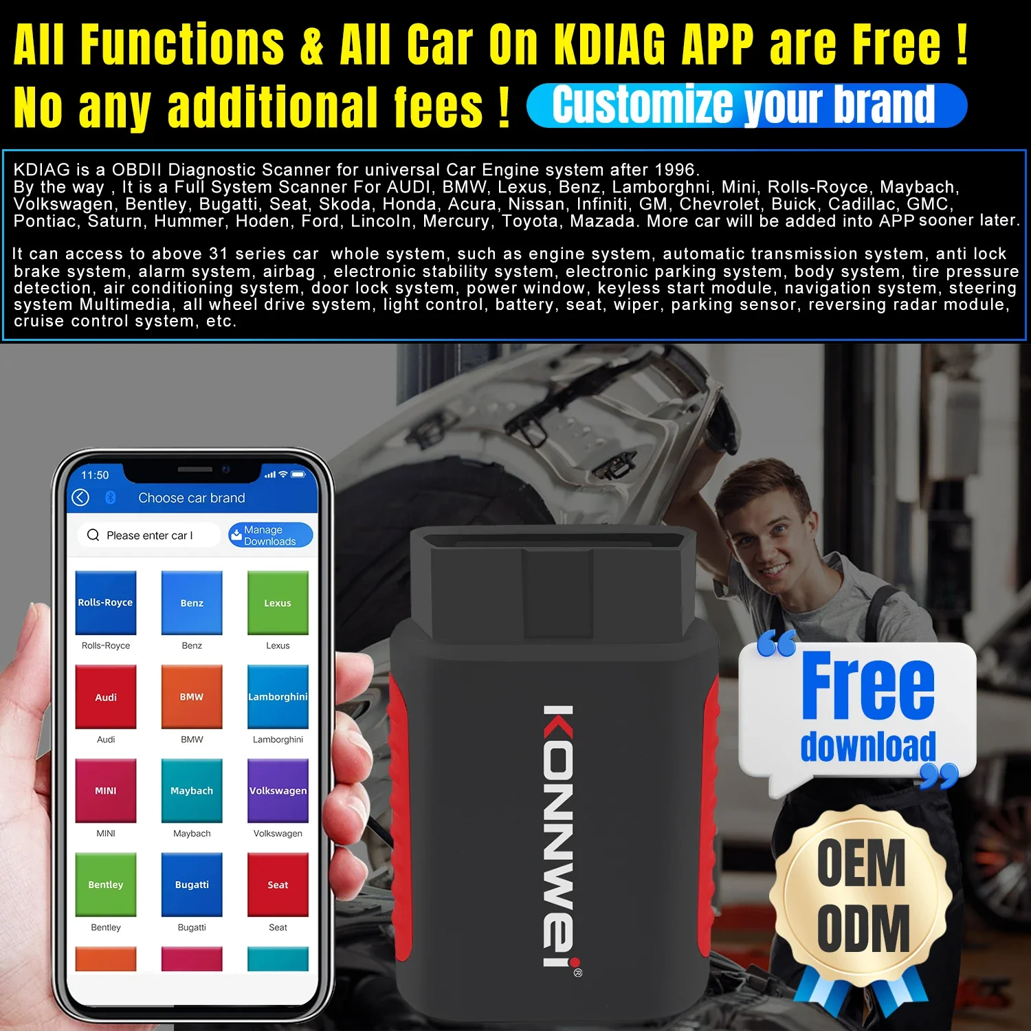 KONNWEI KDIAG 2023 MINI Full System Auto Scanner Reset SAS EPB Service ECU Programmer OBD OBD2 Car Diagnostic Tool pk Thinkdiag