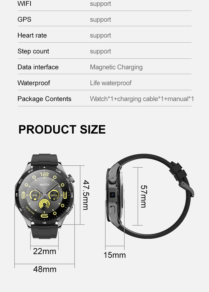 4G Cellular Version Smart Watch Android Smartwatch With Dual Camera 1.43inch Amoled Screen GPS WIFI Sim Card Slot 64GB Storage