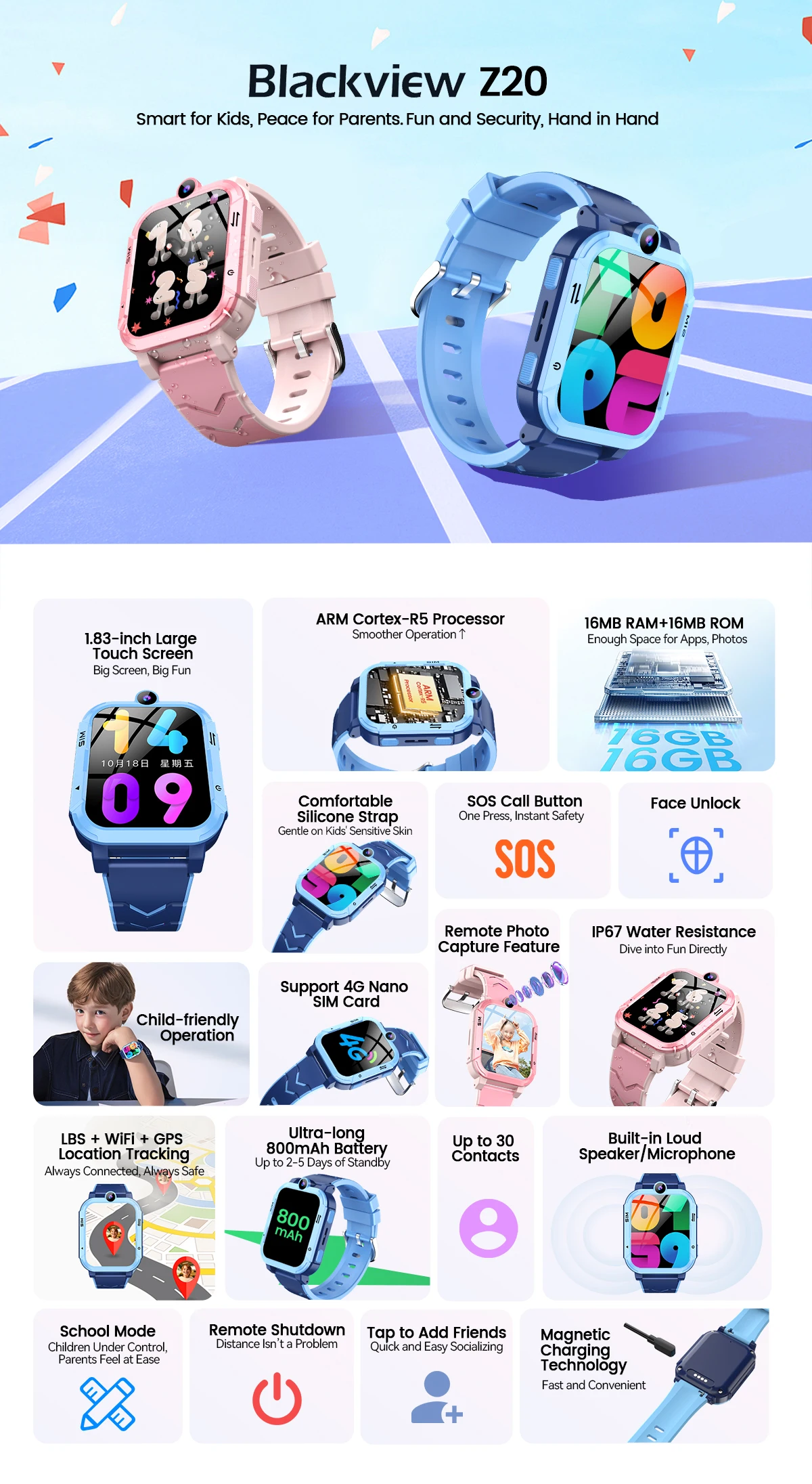 Blackview Z20 4G Smart Watch Kids 800mAh Video Call GPS WiFi Tracker Location SOS Call Back Monitor Phone Watch Smartwatch