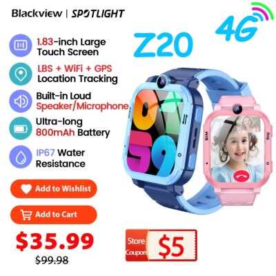 Blackview Z20 4G Smart Watch Kids 800mAh Video Call GPS WiFi Tracker Location SOS Call Back Monitor Phone Watch Smartwatch