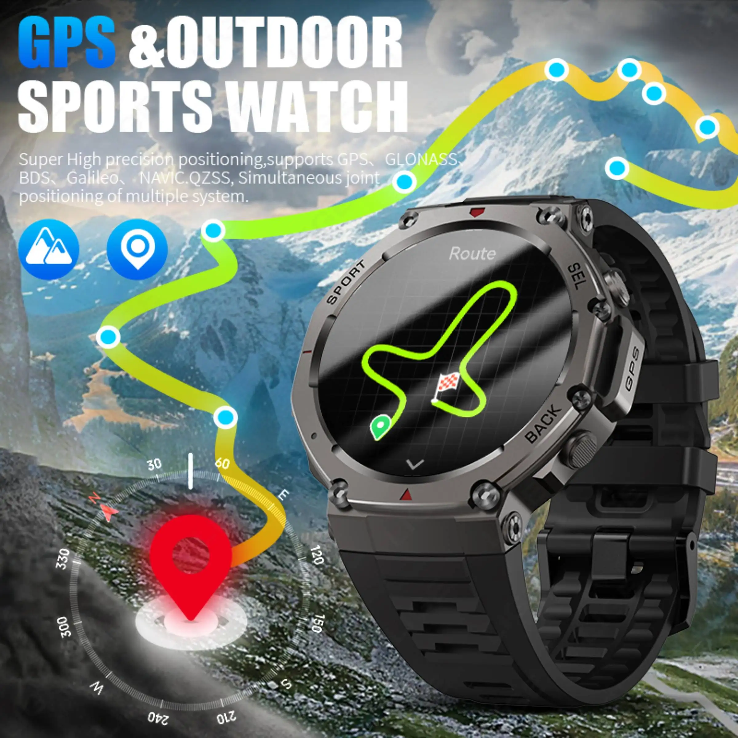 2025 GPS Smart Watch Men 5ATM IP69K Waterproof Built-in Dual-band GNSS Compass Altimeter Barometric Military Sport Smartwatch