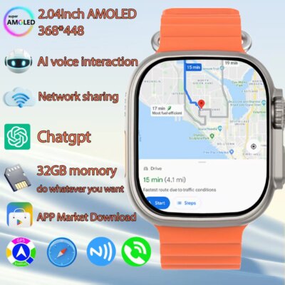 2025 New AI Smart Watches Men 2.04Inch AMOLED Screen App Download network sharing Smartwatch Men Bluetooth call GPS track NFC