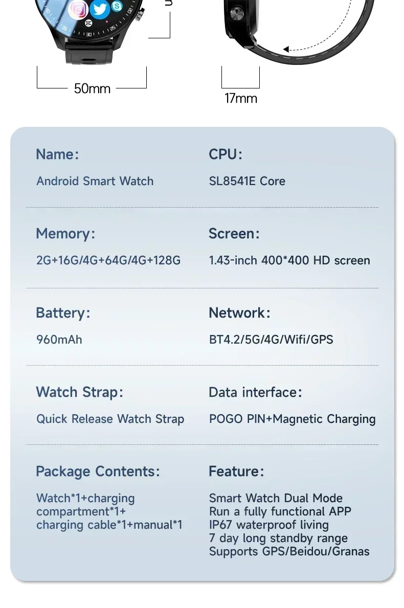 A7 Dual Camera Video Call 4G Smart Watch Step Tracker 128GB Memory SIM Card with Wifi GPS Waterproof Google Play Store