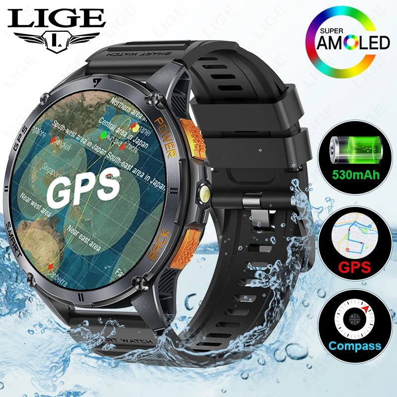 LIGE High Precision GPS Positioning Smart Watch Altimeter Barometer Compass Bluetooth Call Smartwatch Men 1.43-inch AMOLED Watch