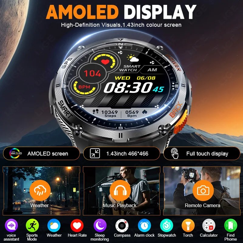 LIGE High Precision GPS Positioning Smart Watch Altimeter Barometer Compass Bluetooth Call Smartwatch Men 1.43-inch AMOLED Watch - Image 4