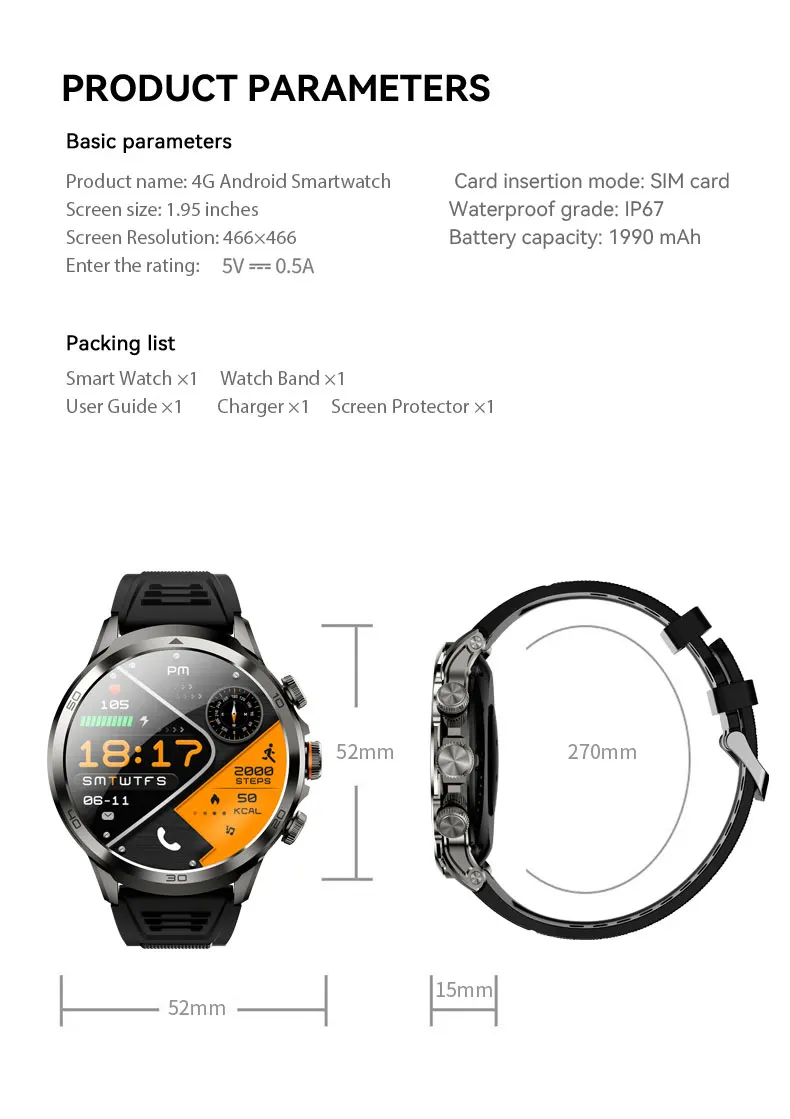 H19 Smart Watch 4G Android 9.0 OS 1990Mah NFC 466*466 Heart Rate 1.95 inch Large Screen GPS WIFI Smartwatch for Men Women Gift