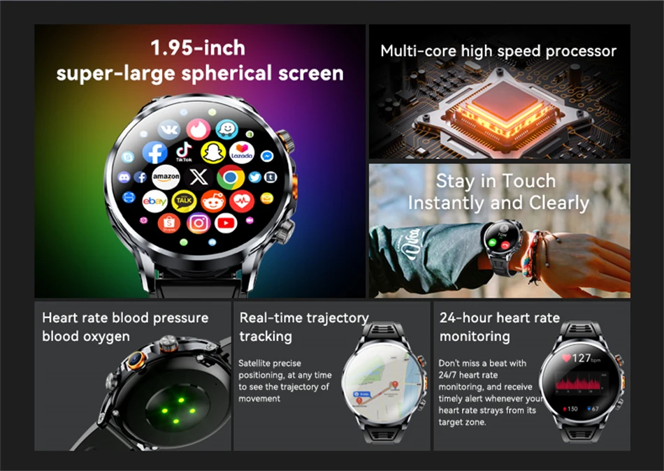 8GB+128GB RAM 5G/4G Smart Watch 1.95 inch 680*680 AMOLED 1100mah Battery 500W Camera GPS WIFI Google APP Download Smartwatch Men