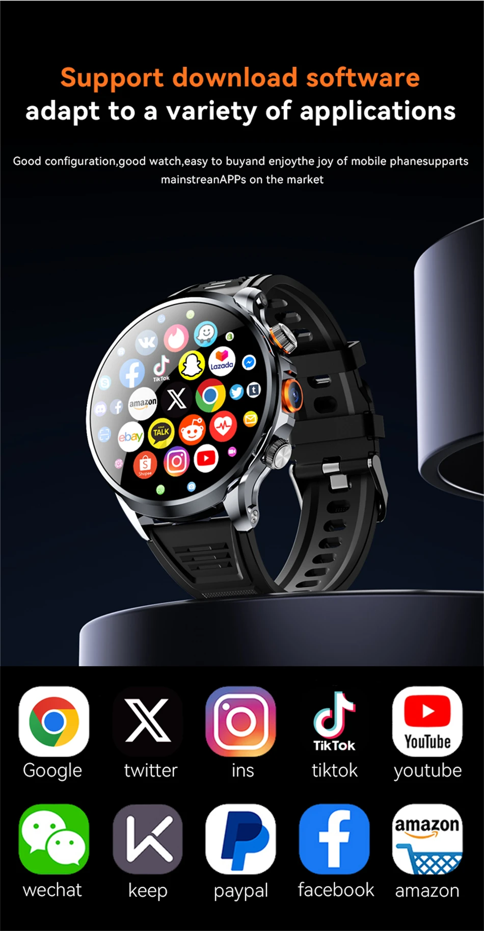 8GB+128GB RAM 5G/4G Smart Watch 1.95 inch 680*680 AMOLED 1100mah Battery 500W Camera GPS WIFI Google APP Download Smartwatch Men
