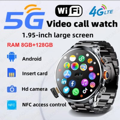 8GB+128GB RAM 5G/4G Smart Watch 1.95 inch 680*680 AMOLED 1100mah Battery 500W Camera GPS WIFI Google APP Download Smartwatch Men