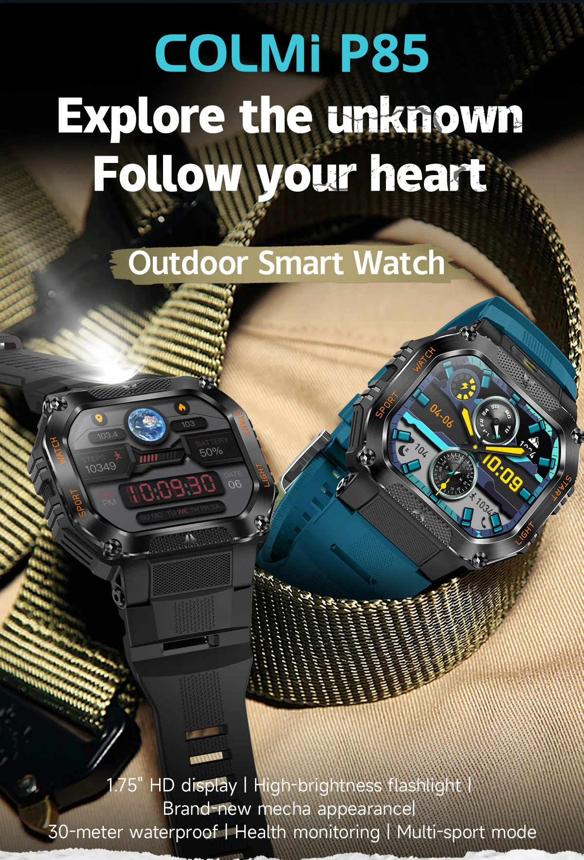 COLMI P85 Smartwatch Men Bluetooth Call Rugged Smart Watch 3ATM IP68 Waterproof LED Flashlight Outdoor Sports Fitness Watches
