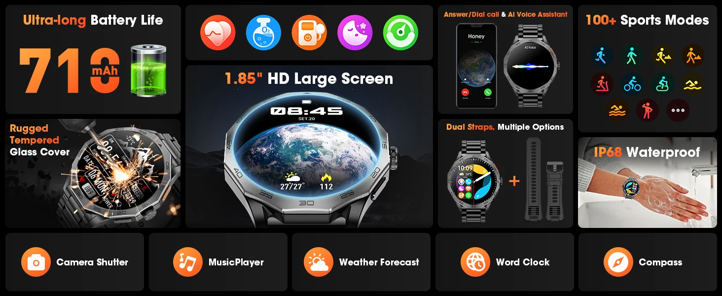 Karchilor Men's smartwatch, 1.85 high-definition screen, Bluetooth calling IP68 waterproof sports fitness watch, Sports fitness Karchilor Men's smartwatch, 1.85 high-definition screen, Bluetooth calling IP68 waterproof sports fitness watch, Sports fitness
