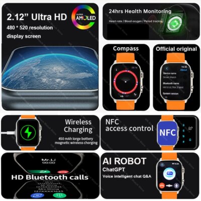 Smartwatch 2025 HK10 ULTRA 3 MAX 49mm HD AMOLED 4G ROM Bluetooth Call Network Chat Robot Clock NFC Compass Smart Watch Men Women - Image 3